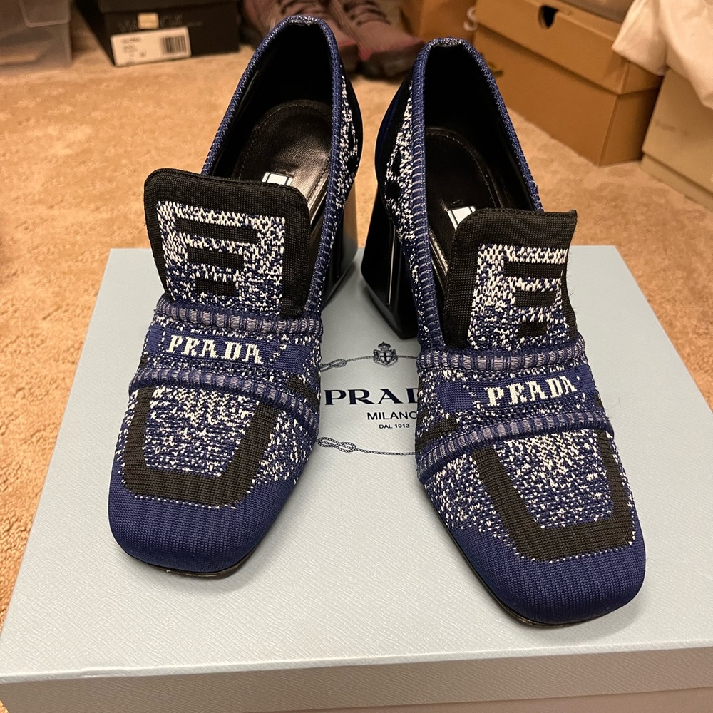 Prada Blue Knit Logo Block Heel Pumps